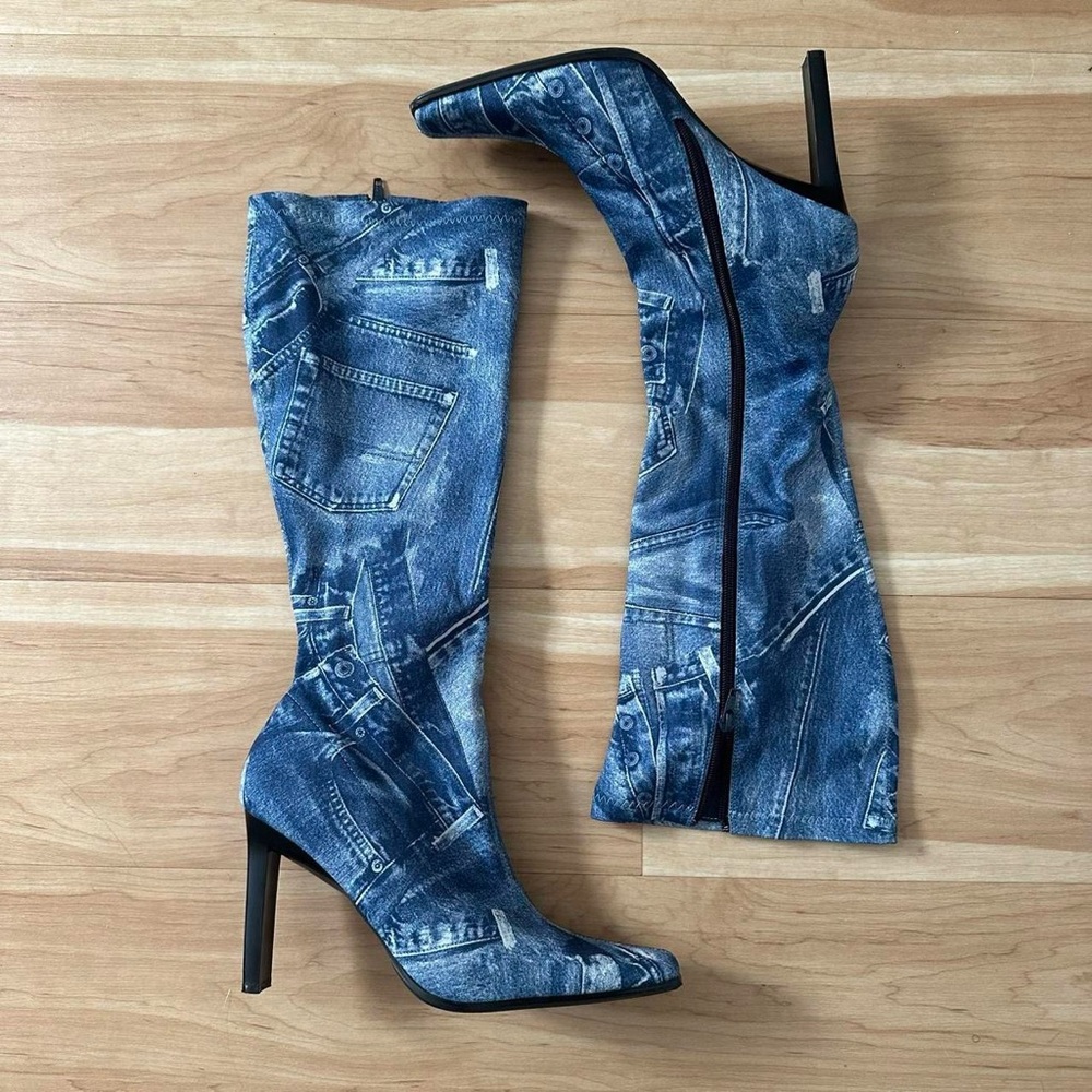 Denim Print Knee-High Stiletto Boots